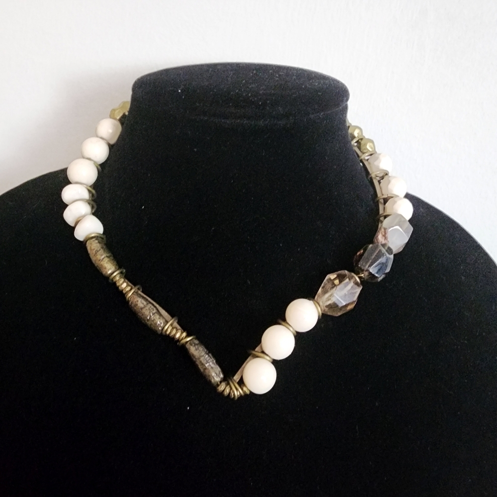 Chico's HELENA Cream and Brown Beaded Choker Necklace